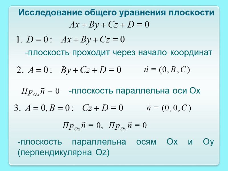 Исследование общего уравнения плоскости -плоскость параллельна осям Ох и Оу (перпендикулярна Oz) -плоскость параллельна